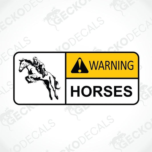 A warning decal featuring an image of a horse and rider with the text 'WARNING HORSES' in bold black and yellow colors.