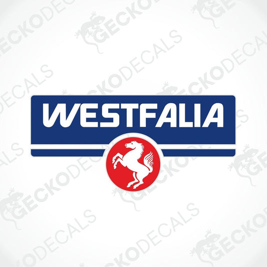 Westfalia caravan decal with blue background, white text, and red horse emblem