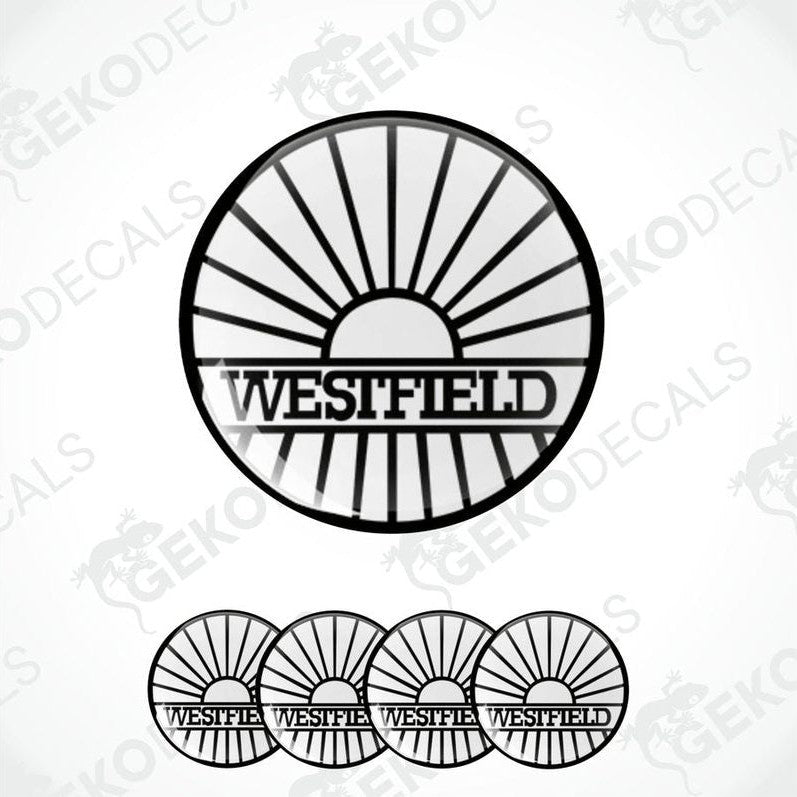 A set of four black and white vinyl decals with the text 'WESTFIELD' on them, presented in a circular arrangement.
