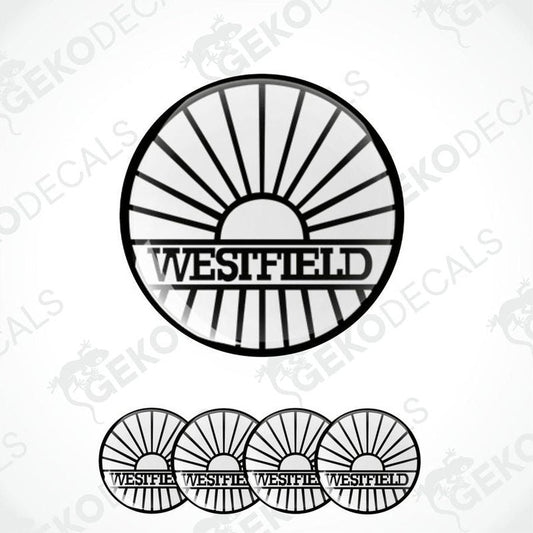 A set of four black and white vinyl decals with the text 'WESTFIELD' on them, presented in a circular arrangement.