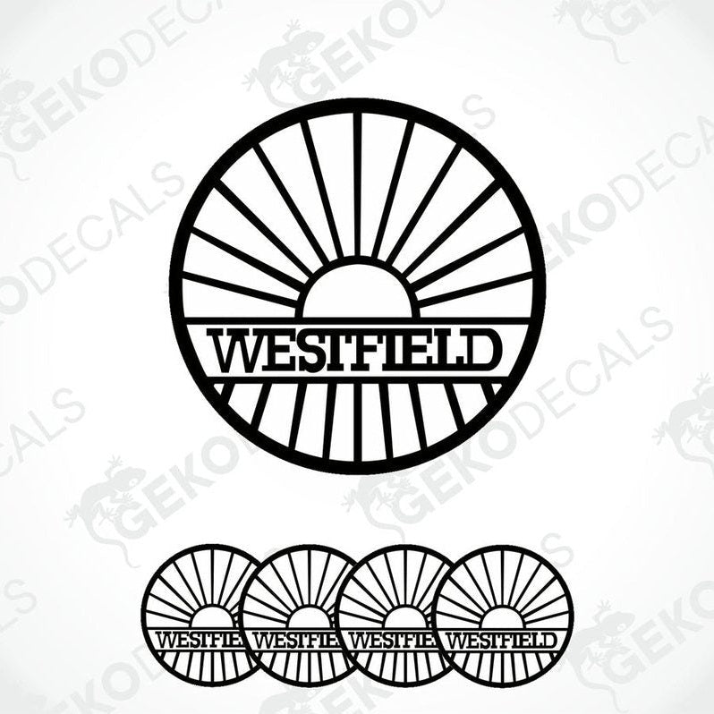 A set of four black and white vinyl decals with the text 'WESTFIELD' on them, presented in a circular arrangement.