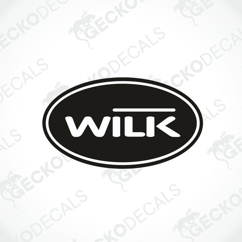 A black oval decal with the word 'WILK' in white, centered on a light gray background with repeated faint GECKODECAL watermarks.
