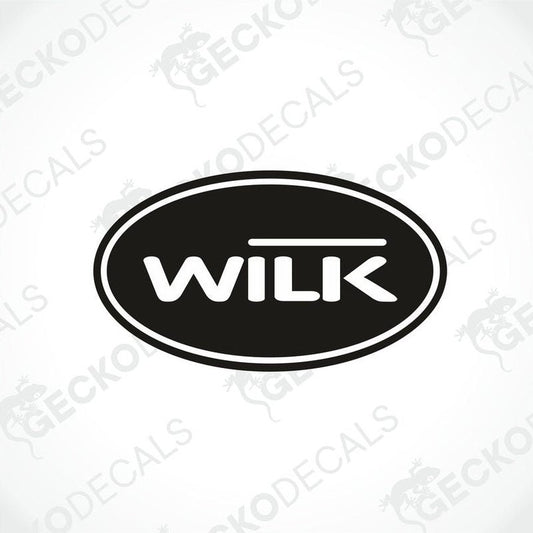 A black oval decal with the word 'WILK' in white, centered on a light gray background with repeated faint GECKODECAL watermarks.