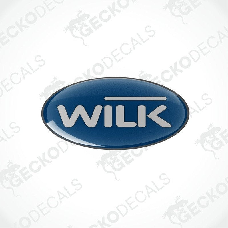 Single Wilk deep blue epoxy resin dome sticker with bold lettering