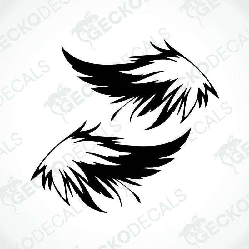 A pair of black and white wing-shaped decals on a white background.