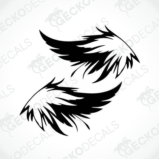 A pair of black and white wing-shaped decals on a white background.