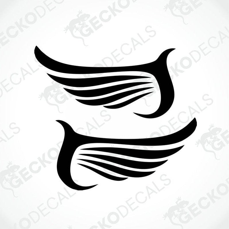 A pair of black tribal wing decals designed for use on vehicles.