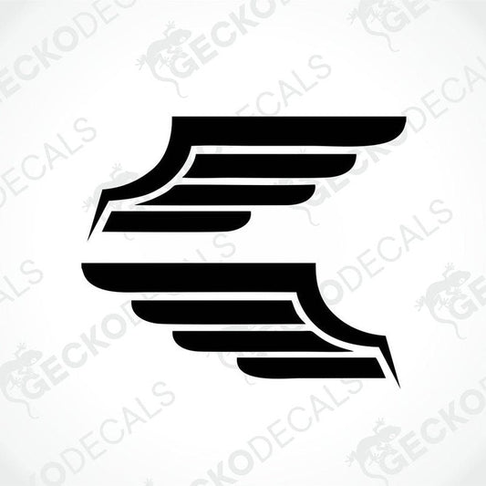 A die cut decal of a wing design, suitable for use on vehicles