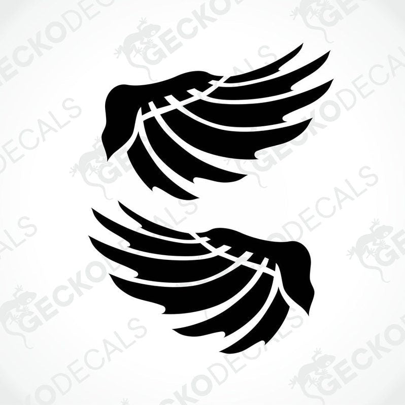 A pair of black and white wing-shaped decals on a white background.