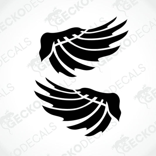 A pair of black and white wing-shaped decals on a white background.