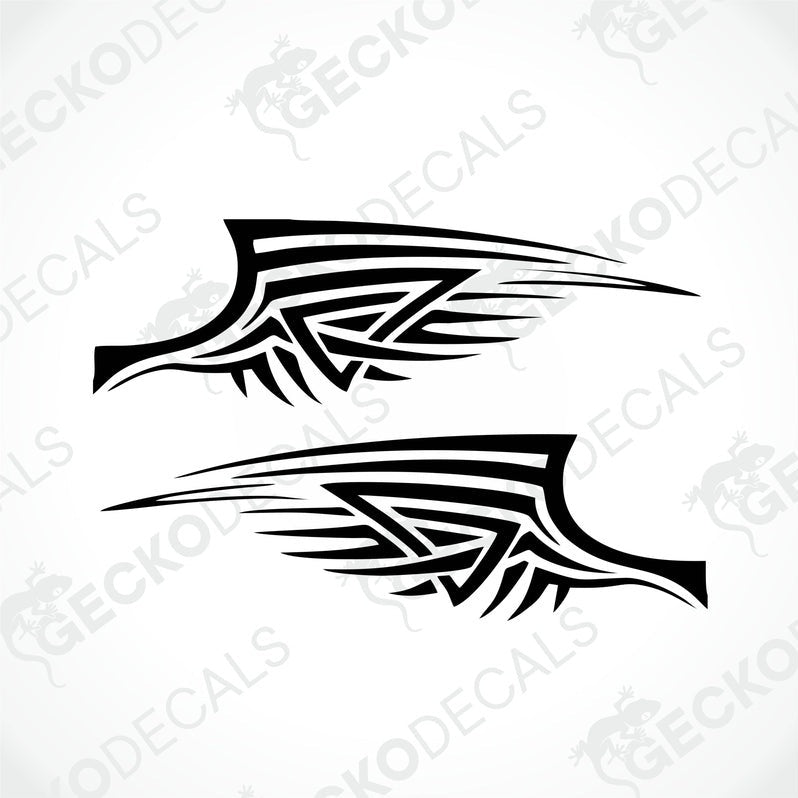 A pair of black tribal wing decals designed for use on vehicles.