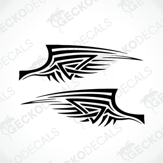 A pair of black tribal wing decals designed for use on vehicles.