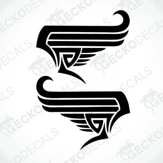 A pair of black tribal wing decals designed for use on vehicles.