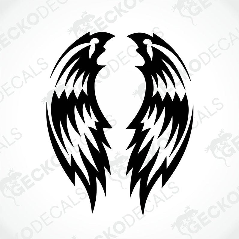 A pair of black tribal wing decals intended for use on vehicles as decorative stickers.