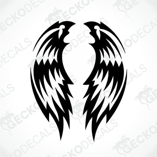 A pair of black tribal wing decals intended for use on vehicles as decorative stickers.
