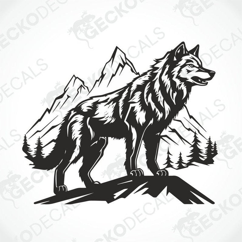 A black and white decal of a wolf in a mountainous landscape, positioned on the side of a white vehicle.