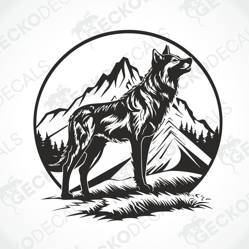 A black decal of a wolf howling with mountains in the background, intended for use on the rear of a vehicle.