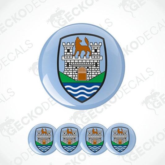 Circular emblem with a castle and deer design on a white background, featuring the brand 'Gecko Decals'.