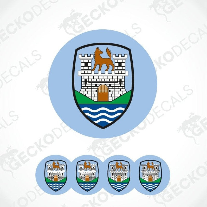 Coat of arms design with castle and deer on a light blue background, featuring the brand 'Gecko Decals'.