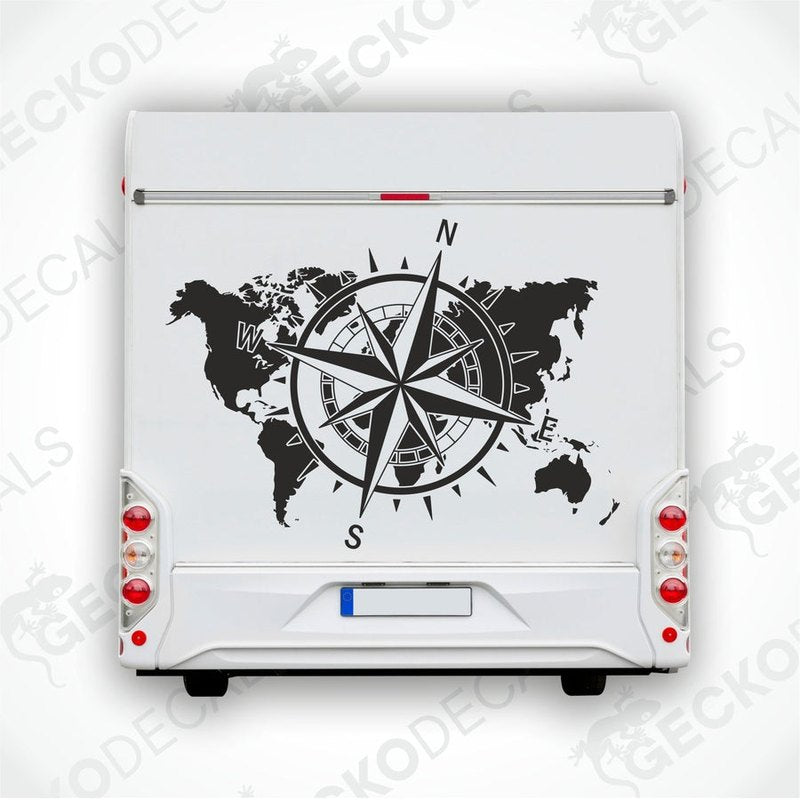 A white vehicle decal featuring a black and gray world map with a compass in the center.