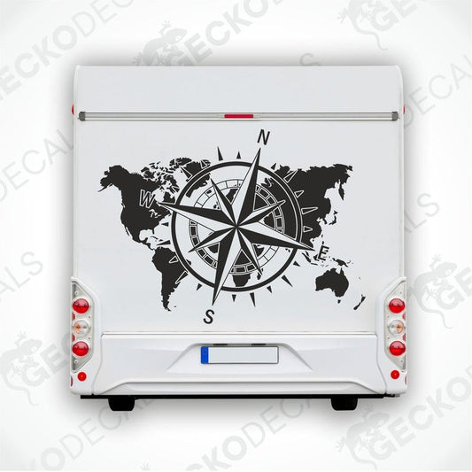 A white vehicle decal featuring a black and gray world map with a compass in the center.