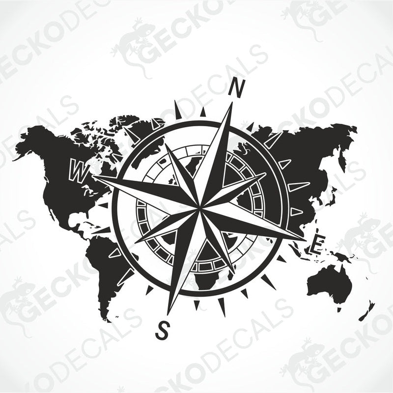 A white vehicle decal featuring a black and gray world map with a compass in the center.