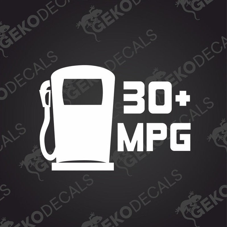 A white decal of a gas pump with the text '30+MPG' on a black background.