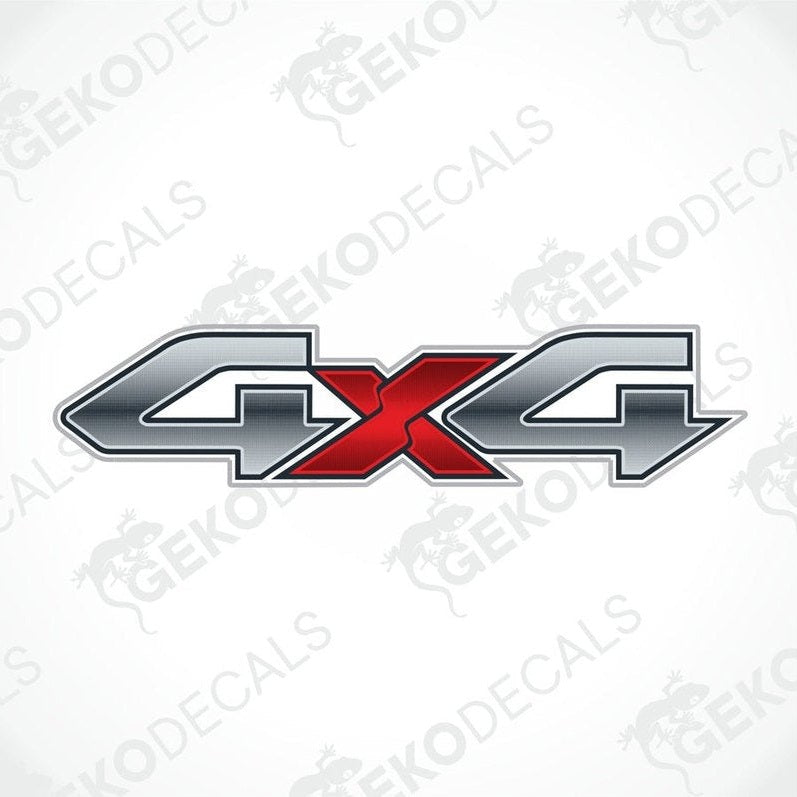 Metallic silver and red 4X4 die-cut vinyl decal for off-road vehicles