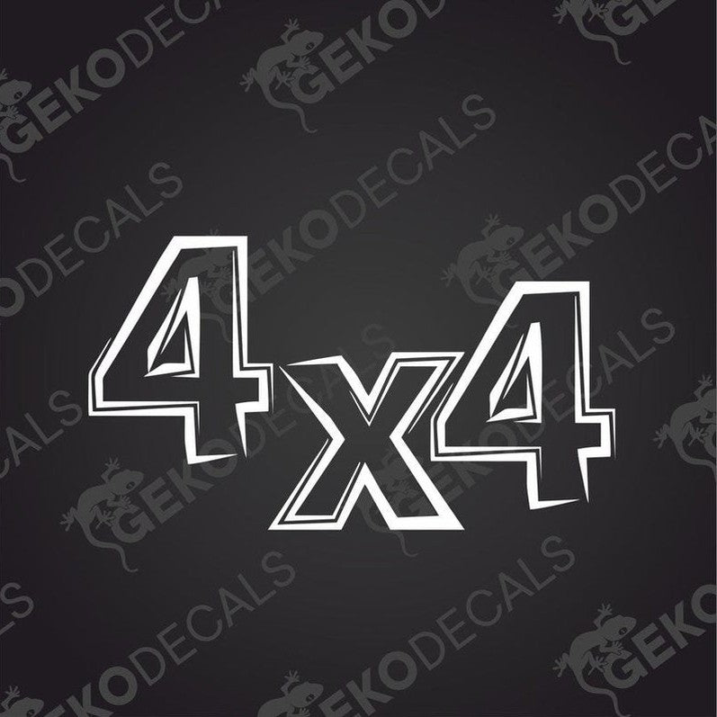 White 4x4 die cut vinyl decal with bold angular font for car or truck exterior interior use