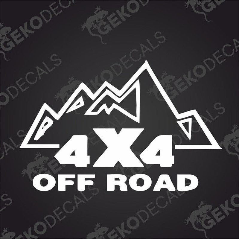 White 4x4 Off Road die cut decal with mountain and tent graphic for car or truck