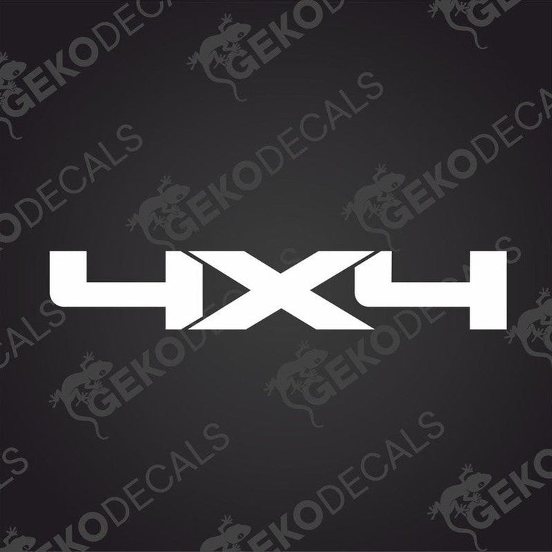 White 4X4 die cut car decal with bold geometric sans-serif font on dark background