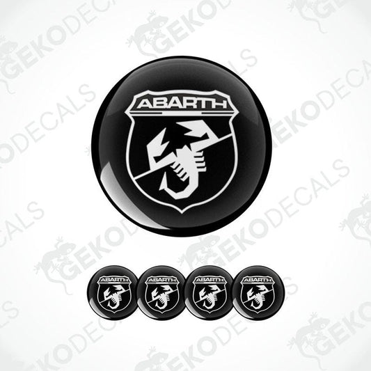 A set of black and white vinyl decals with the Abarth logo, designed for use on vehicles.