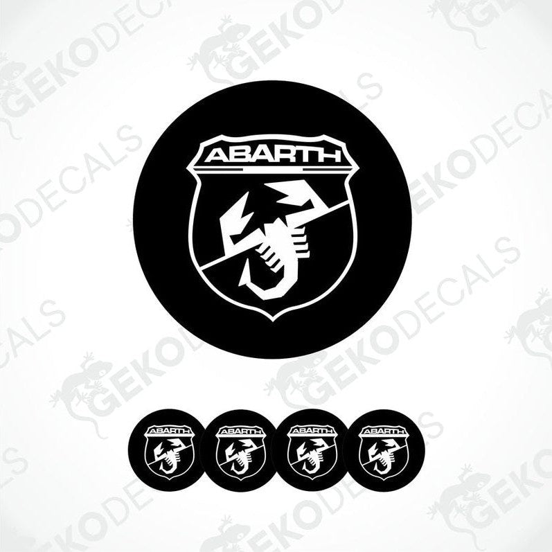 A set of black and white vinyl decals with the Abarth logo, designed for use on vehicles.