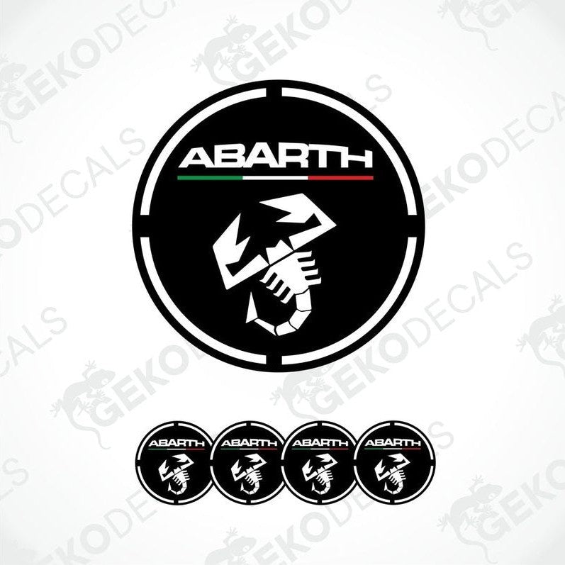 A set of four round vinyl stickers with a black, red, white, and green geometric design featuring the word 'ABARTH' in bold letters.