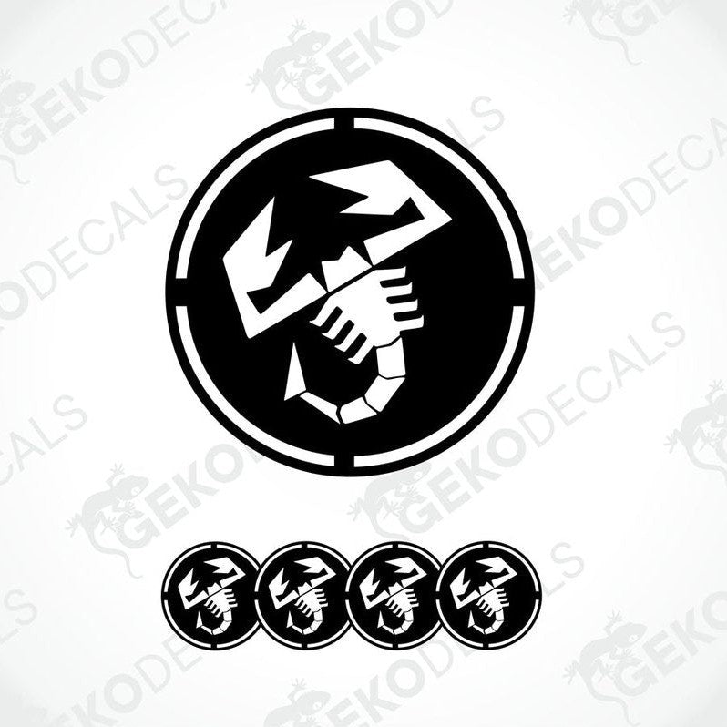 A set of black and white vinyl decals with a polyurethane coating, featuring a scorpion design, commonly associated with the Abarth brand.