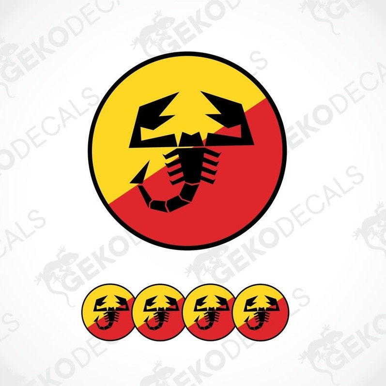 A set of four round vinyl stickers with a geometric design featuring the ABARTH logo in red, yellow, and black colors.