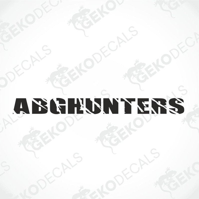 Black car windshield sticker with cut-out text ABGHUNTERS
