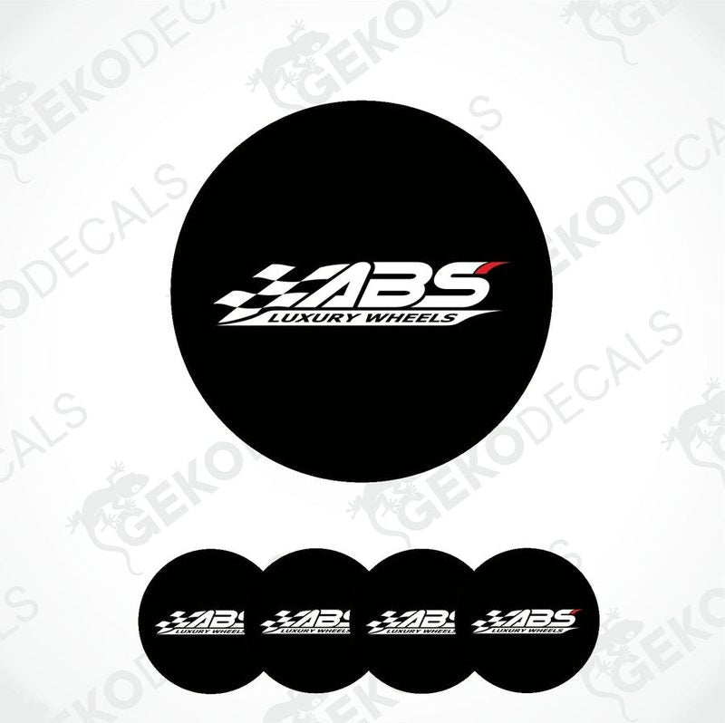 A set of four black vinyl stickers with the text 'ABS Luxury Wheels' and a logo depicting a racing flag.