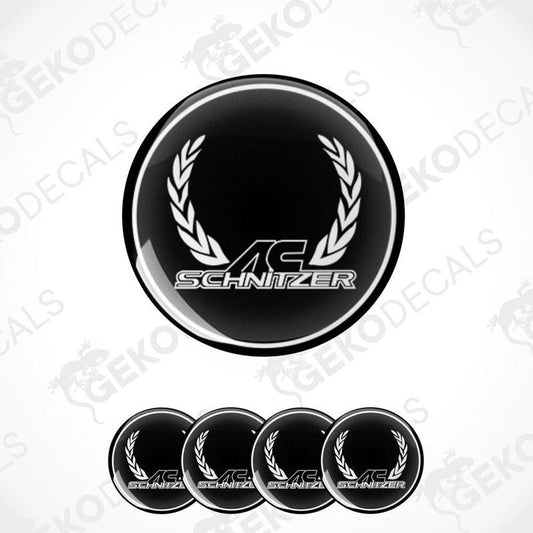 Set of four black and white vinyl decals with the AC SCHNIZER logo and a laurel wreath.