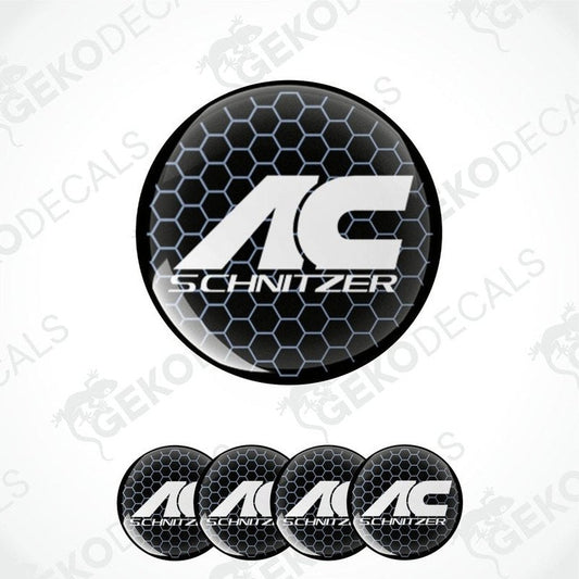 A set of four black vinyl stickers with 'AC SCHNIZER' text and a honeycomb pattern design.