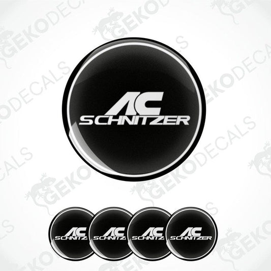 A set of four black vinyl stickers with the text 'AC SCHNIZER' in white.