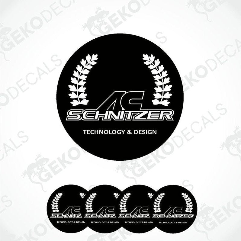 Set of four black round car decals with the AC Schnizer logo and the text 'technology & design' printed in white.