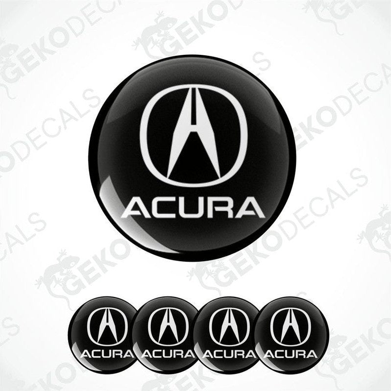 Set of four black round car decals with the Acura logo in white.