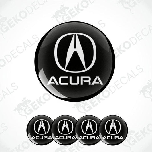 Set of four black round car decals with the Acura logo in white.