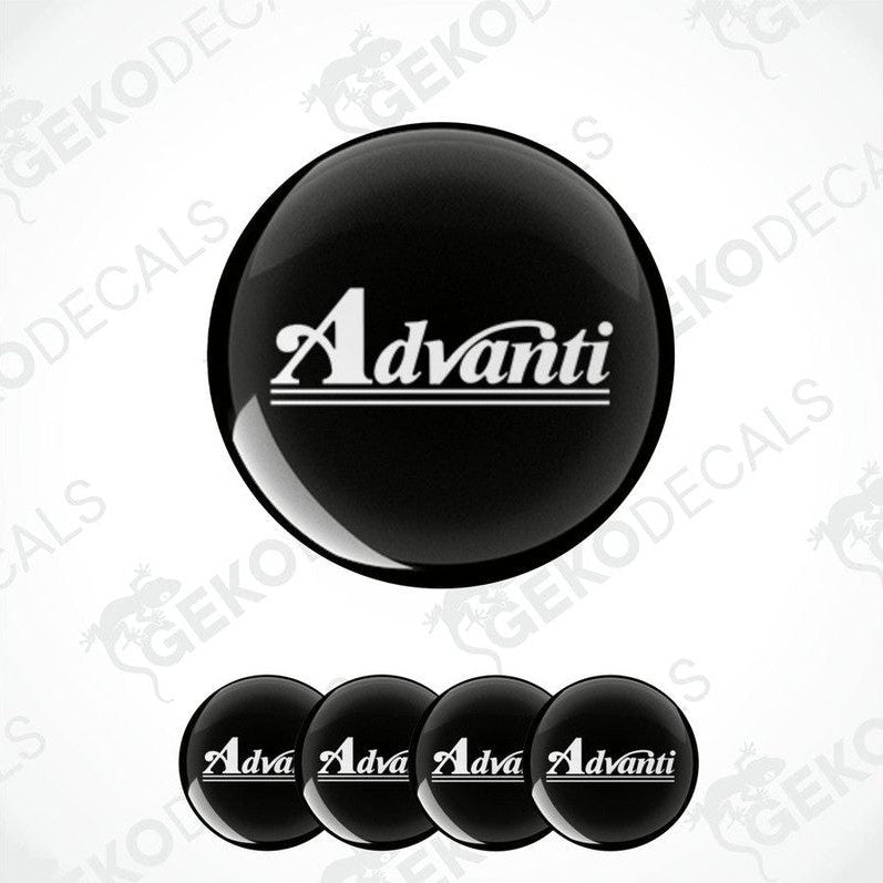 A set of four black vinyl decals with the white text 'Advanti' on them, arranged in a square formation.