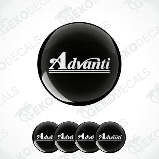 A set of four black vinyl decals with the white text 'Advanti' on them, arranged in a square formation.