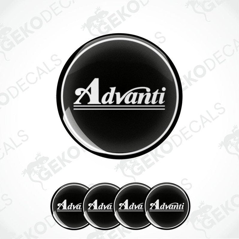 A set of four black vinyl decals with the white text 'Advanti' on them, arranged in a square formation.