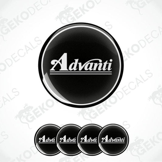 A set of four black vinyl decals with the white text 'Advanti' on them, arranged in a square formation.
