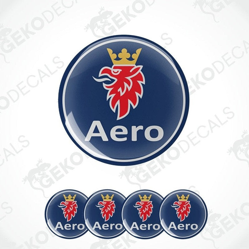 A set of four blue, red, and white car decals featuring the SAAB AERO logo.