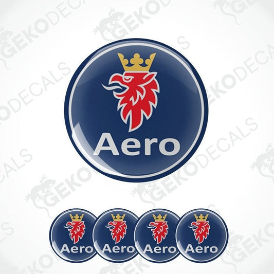 A set of four blue, red, and white car decals featuring the SAAB AERO logo.